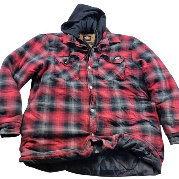 Dickies Jacket Mens Large Red Black Plaid Insulated Zip Snap Hooded - Picture 1 of 6